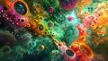 An artistic rendering of the microscopic world involved in creating biofuels through alchemy. Bright swirling colors and