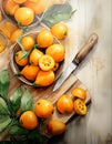 Artistic rendering of vibrant oranges in wooden bowls on a textured surface. A knife and sliced oranges add to the rustic