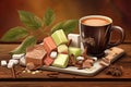 artistic rendering of warm cup of hot chocolate, with marshmallows and mini chocolate bars for added sweetness