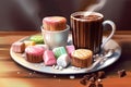 artistic rendering of warm cup of hot chocolate, with marshmallows and mini chocolate bars for added sweetness