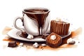 artistic rendering of warm cup of hot chocolate, with marshmallows and mini chocolate bars for added sweetness