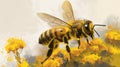 Artistic rendition of a bee on yellow flowers, with a splash of paint effect