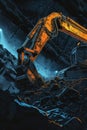 Artistic rendition of an excavator in a futuristic, cyberpunk-inspired environment.