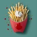 Artistic rendition of french fries with sour cream and ketchup