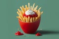 Artistic rendition of french fries with sour cream and ketchup