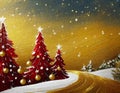 Artistic rendition of vibrant red christmas trees with a shimmering gold backdrop