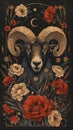 Artistic representation of Aries zodiac sign ram surrounded by vibrant red flowers and celestial symbols on a dark background Royalty Free Stock Photo