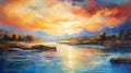 Majestic Sunset River Painting With Vibrant Fantasy Colors