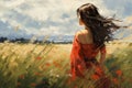 Artistic Representation of a Beautiful Japanese Woman Standing in a Field, Embracing the Harmony