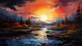 Vivid Landscape: Digital Painting Of River And Mountains At Sunset