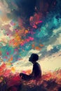 Artistic representation of a boy looking up at a vibrant explosion of colors, symbolizing the creative and diverse mind Royalty Free Stock Photo