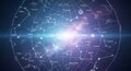 Celestial sphere displays constellations with star names on a cosmic nebula background Royalty Free Stock Photo