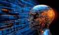 Futuristic digital head with glowing circuits against dark data stream backdrop