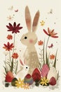 Artistic representation of Easter with a stylized rabbit and colorful eggs amidst floral elements, conveying a nostalgic,