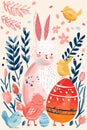 Artistic representation of Easter with a stylized rabbit and colorful eggs amidst floral elements, conveying a nostalgic,