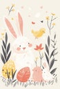 Artistic representation of Easter with a stylized rabbit and colorful eggs amidst floral elements, conveying a nostalgic,