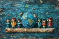 Artistic representation of global education with figurines in graduation caps on a painted world map. Graduation time in