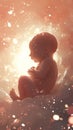 Artistic representation of a human embryo in a glowing red womb, surrounded by soft light. Royalty Free Stock Photo