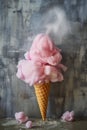 Artistic representation of an ice cream cone with fluffy pink cotton candy against grunge background. Copy space. Creative dreamy