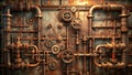 Intricate network of aged copper pipes and bronze gears forming a complex industrial wall design. Generative AI Royalty Free Stock Photo