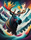 Artistic representation of moose with large antlers and colorful aura, Generative AI