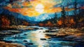 Vibrant Palette Knife Painting: Sunrise In A River