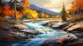 Epic Landscape Painting: Flowing River In Autumn