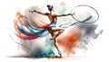 An artistic representation of a rhythmic gymnast in motion, with a hoop.