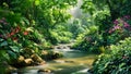 An artistic representation of a stream flowing through a vibrant tropical forest, with sunlight filtering through the dense