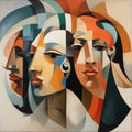 Cubist trio of harmonious female faces. AI generation