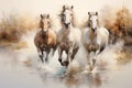 Artistic representation of three powerful horses running through water with dynamic brushstrokes Royalty Free Stock Photo
