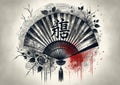 Traditional Asian Fan with Calligraphy and Floral Elements, AI Generated Royalty Free Stock Photo