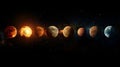 An artistic representation of various planets aligned in a row against the dark backdrop of outer space. Royalty Free Stock Photo