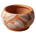 Artistic round terracotta pot decorated with white embossed tropical leaf patterns Royalty Free Stock Photo
