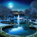 an artistic scene with a pond and columns in the middle of the and a full moon in the sky above the with and stars and clouds and