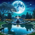 an artistic scene with a pond and columns in the middle of the and a full moon in the sky above the with and stars and clouds and