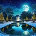 an artistic scene with a pond and columns in the middle of the and a full moon in the sky above the with and stars and clouds and