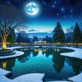 an artistic scene with a pond and columns in the middle of the and a full moon in the sky above the with and stars and clouds and Royalty Free Stock Photo