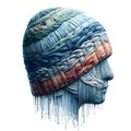 An artistic sculpture of a human head, created with multiple strands of threads or yarns woven together. The threads are