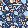 Artistic seamless pattern with abstract leaves, paint smudges, brush strokes on blue background. Natural vector