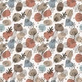 Vector seamless pattern with curvy fluid organic shapes, natural design elements, abstract pebbles, plants, herbs, lines, leaves,