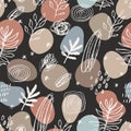 Vector seamless pattern. Curvy fluid organic shapes, natural design elements, abstract pebbles, plants, herbs, lines, leaves,