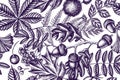 Artistic seamless pattern with fern, dog rose, rowan, ginkgo, maple, oak, horse chestnut, chestnut, hawthorn