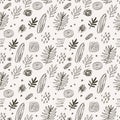 Vector seamless pattern with natural design elements, abstract plants, herbs, lines, leaves. Vector doodle seamless pattern. Hand