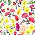 Artistic seamless pattern of watercolor flowers, leaves, inflorescences, branches.