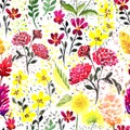 Artistic seamless pattern of watercolor flowers, leaves, inflorescences, branches. Royalty Free Stock Photo