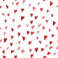 Artistic seamless pattern with watercolor hand drawn hearts isolated on white background.