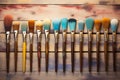 Artistic serenity Watercolor brushes neatly arranged on textured wooden surface