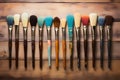 Artistic serenity Watercolor brushes neatly arranged on textured wooden surface