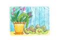 Artistic set of avocado vegetables and fern plant with flowers